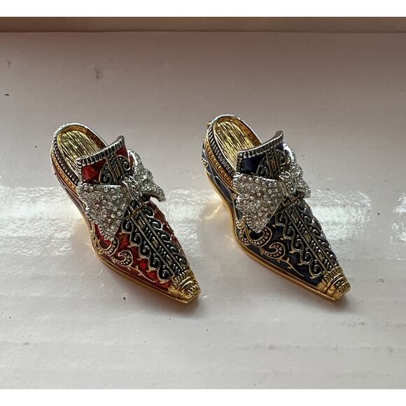Enameled Set 2 Crystal Bejeweled Cloisonné High Heel Hinged Red Blue Trinket Box - Picture 1 of 14